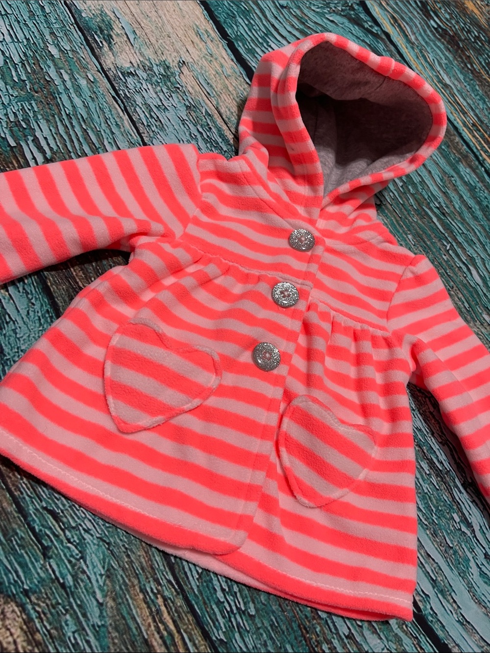 Carter’s Baby Hooded Fleece Coral Pink and White Stripe Jacket Coat 3 mo
